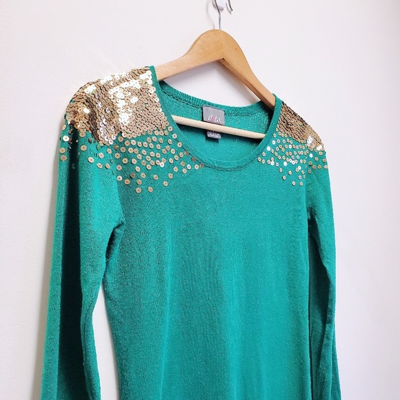 Gold Sequin Green Crewneck Sweater S - Picture 2 of 5